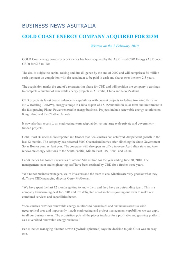 Article preview noting Eco-Kinetics' reported acquisition by ASX-listed CBD Energy
